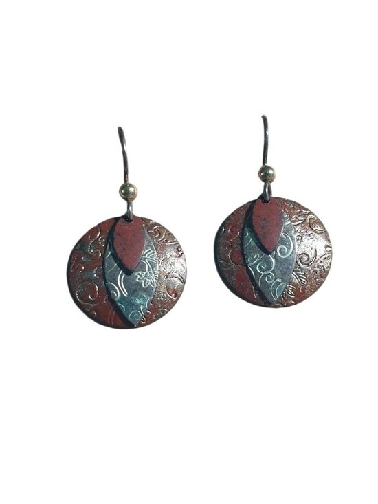 Handcrafted Jewelry - Handcrafted Drop Earring Mixed Metal Layered Engraved Red Gold Rustic Boho Style